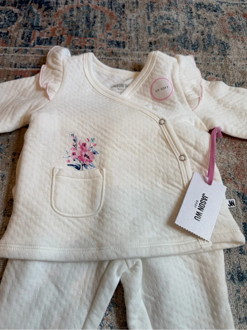 Jason Wu Cream Quilted Baby Pajama Set with Pink Floral Detail